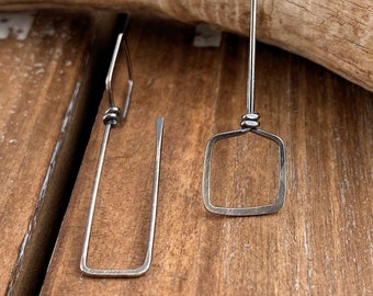 Long Drop Earrings, Oxidized Sterling Silver Antiqued, Square Earrings, Rustic Jewelry, Geometric, Artisan