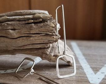 Long Square Drop Earrings, Sterling Silver, Geometric, Modern, Simple, Wire Threaders, Hammered, Artisan