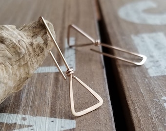 Long Gold Earrings, Triangle Drops, Rectangle, Geometric, Wire Threaders, Trendy Earrings, 14k Gold Filled Rose or Yellow