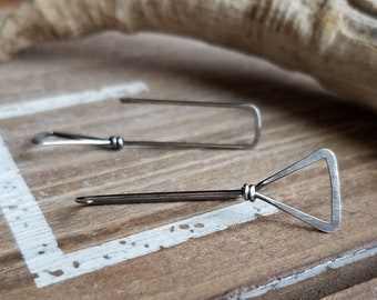 Oxidized Silver Earrings, Long Threaders, Triangle Drops, Geometric, Rectangle Wires, Statement Earrings, Rustic, Brushed Sterling Silver