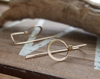 Gold Earrings, Rectangle Threaders, Hammered Circle Drops, Modern, Minimalist, Artisan, Yellow or Rose 14k Gold Filled