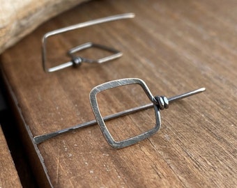 Square Earrings, Oxidized Sterling Silver, Threaders, Rustic, Hammered, Long Back, Minimalist, Simple, Antiqued, Artisan