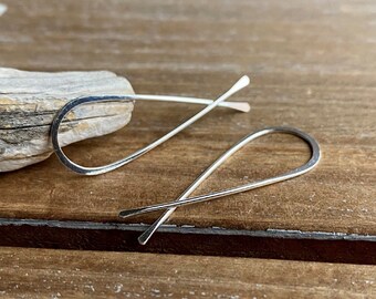 Oval Hoop Earrings, Long Sterling Silver Threaders,  Hammered Earrings, Thin Hoops, Minimalist