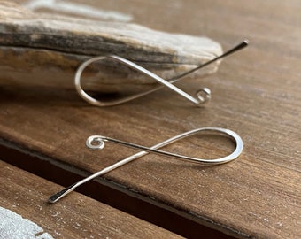 Wire Threader Earrings, Sterling Silver Thin Hoops, Ear Threaders, Hammered, 20g - Swing Backs