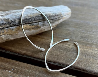 Silver Open Hoops, Long Sterling Silver Earrings, Arc Hoops, Hammered Earrings, Ear Threaders, 1" Long, Minimalist Earrings, Large