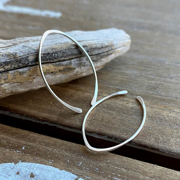 Silver Open Hoops, Long Sterling Silver Earrings, Arc Hoops, Hammered Earrings, Ear Threaders, 1" Long, Minimalist Earrings, Large