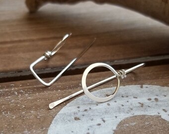 Silver Hammered Circle Earrings, Sterling Silver Drops, Unique Earrings, Wire Threaders, Modern, Minimalist, Artisan, Long Back