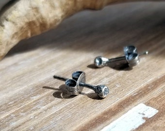 Ball Stud Earrings, Oxidized Sterling Silver Earrings, Nugget Studs, Rustic Earrings, Antiqued Silver, Tiny Dot Earrings, Minimalist