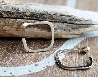 Silver Square Hoops, Square Earrings, Argentium Silver, Hammered, Ball Hoop Earrings, Open Hoops, Small, Modern, Minimalist