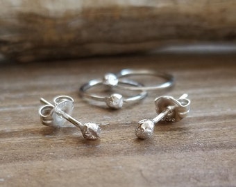 Sterling Silver Earrings, Tiny Studs, Small Silver Hoops, 20 gauge, Rustic, Ball Post Dots, Choice of Hoop Size