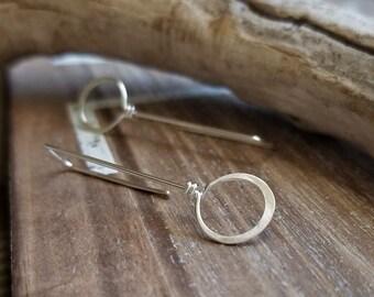 Long Silver Earrings, Circle Drop, Rectangle Wire Threaders, Sterling Silver, Hammered, Brushed Silver, Modern