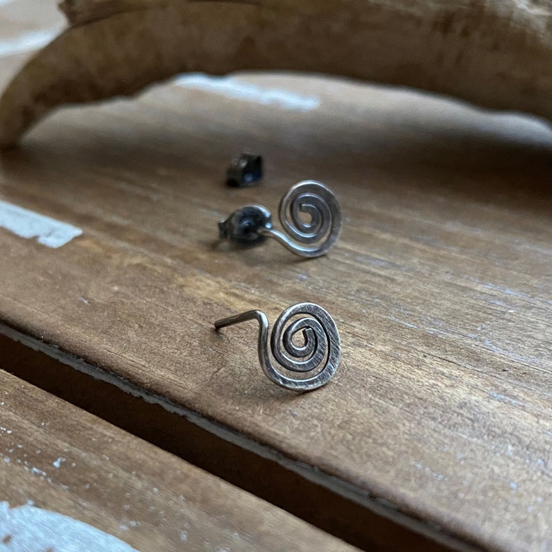 Swirl Stud Earrings Oxidized Sterling Silver Posts Spiral Earrings Rustic Simple Minimalist Hammered Earrings image 2