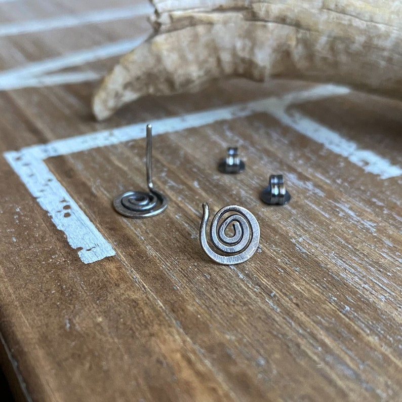 Swirl Stud Earrings Oxidized Sterling Silver Posts Spiral Earrings Rustic Simple Minimalist Hammered Earrings image 1