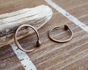 18 gauge Copper Hoops, Hammered Earrings, Open Hoops, Choice of single or pair, Size and Finish: Rustic Antiqued or Bright