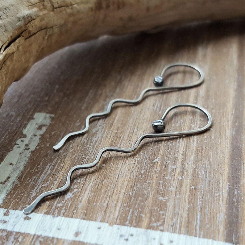 Wavy Hoops, Sterling Silver Threaders, Long Earrings, Hammered, Extra Long Earrings, Minimalist, Choice of finish and gauge image 1
