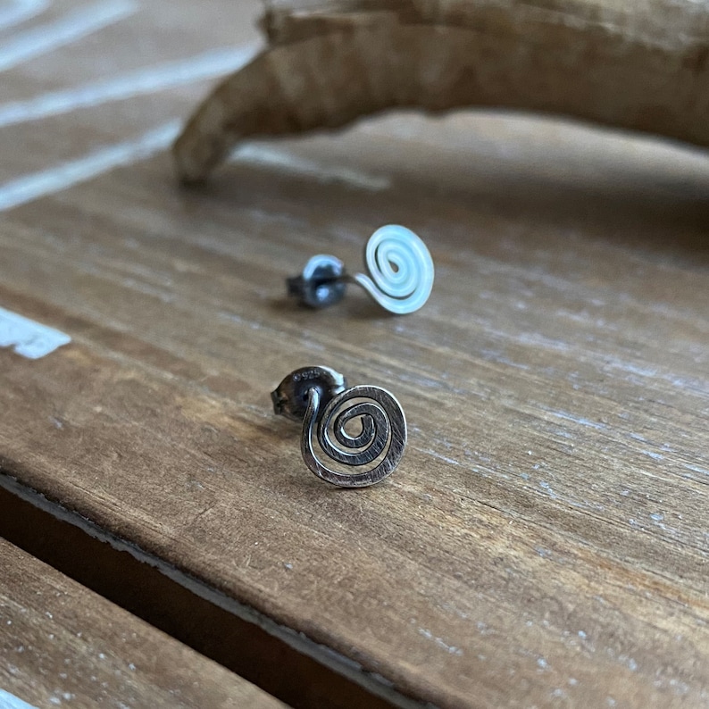 Swirl Stud Earrings Oxidized Sterling Silver Posts Spiral Earrings Rustic Simple Minimalist Hammered Earrings image 7