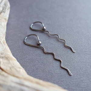 Wavy Hoops, Sterling Silver Threaders, Long Earrings, Hammered, Extra Long Earrings, Minimalist, Choice of finish and gauge image 8
