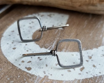 Oxidized Silver Earrings, Rustic, Square Drop Earrings, Geometric, Antiqued, Sterling Silver, Wire Threaders, Modern