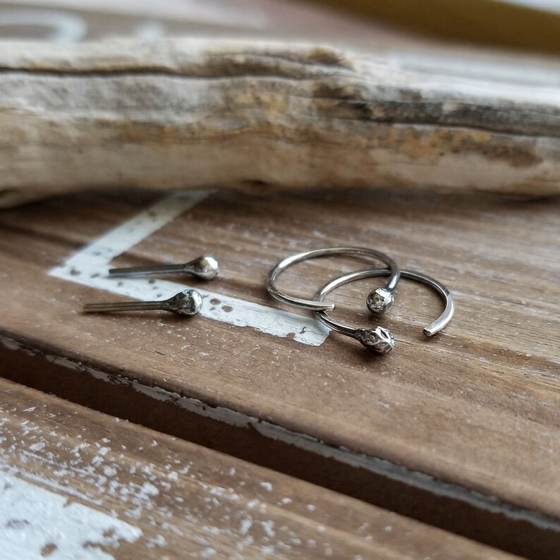 Oxidized Sterling Silver Earrings Ball Stud Posts Simple Open Hoops Gunmetal or Antiqued Distressed Minimalist Artisan Rustic Hoops