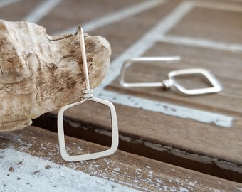 Square Earrings, Silver Drop Earrings, Geometric, Sterling Silver Threaders, Modern, Simple, Minimalist, Hammered, Artisan Jewelry