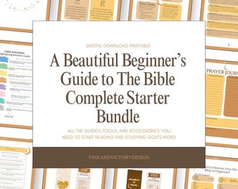 Peut inclure: Un ensemble imprimable à télécharger numériquement intitulé "A Beautiful Beginner's Guide to The Bible Complete Starter Bundle". L'image montre divers guides, outils et accessoires pour étudier la Bible, y compris des marque-pages et des guides de référence.