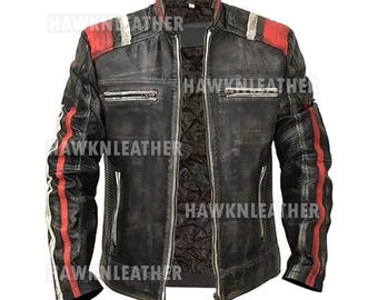 Men’s Black Leather Café Racer Biker Jacket – Vintage Motorcycle Riding Coat with Red Racing Stripes, Handmade Gift for Him