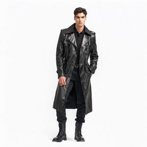 Men’s Black Long Leather Trench Coat – Full Length Gothic Duster Overcoat – Steampunk Victorian Vampire Jacket – Vintage Matrix Style Coat