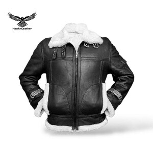 Men’s Military B3 Shearling Bomber Jacket – Vintage Aviator Black Leather Coat with Fur Collar – Warm Winter Outerwear Gift