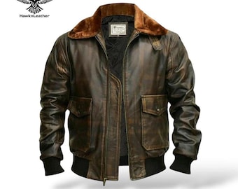 Men’s G-1 Brown Distressed Leather Bomber Jacket – US Navy Flight Aviator Jacket with Fur Collar – Vintage Military Pilot Coat