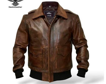 A2 Bomber Jacket for Men, Brown Vintage Leather Flight Coat, WWII Flying Tiger Aviator Style Military Pilot