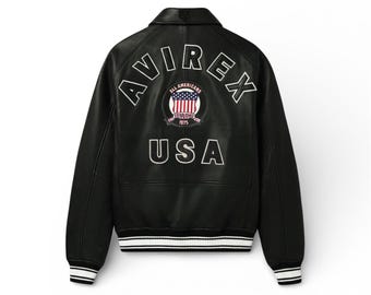 Men’s Avirex Leather Bomber Jacket – Vintage Pilot Flight Jacket, Real Leather Military Aviator Coat, Classic Retro Biker Outerwear