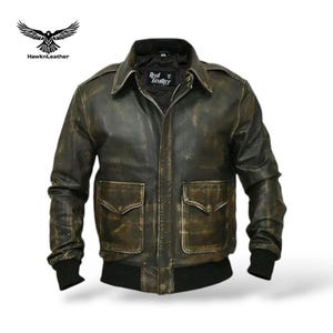Men’s A-2 Leather Bomber Jacket – Vintage WWII Flying Tiger Pilot Coat – Distressed Brown Aviator Flight Jacket – Military Winter Outerwear
