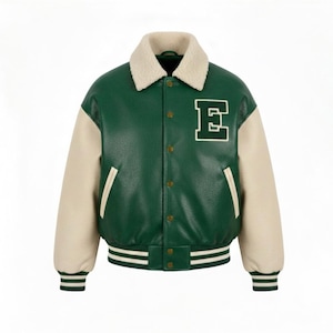 May include: Green and cream varsity jacket with a white "E" patch. The jacket features a cream-colored collar and sleeves, with green body and a striped hem and cuffs. The jacket has a button-up front.