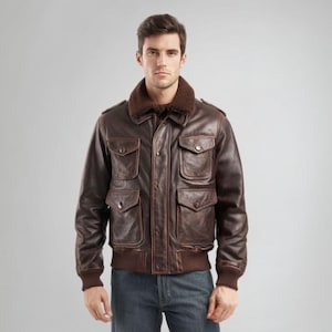 Men’s Distressed Brown Leather Bomber Jacket with Shearling Collar | Vintage Aviator Flight Pilot Jacket | Military Style Bomber Coat