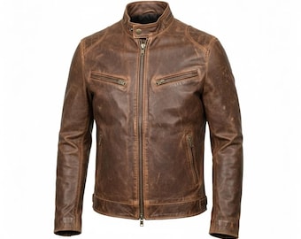 Men’s Brown Distressed Real Leather Café Racer Jacket | Vintage Motorcycle Biker Coat | Handmade Genuine Leather Slim Fit Jacket