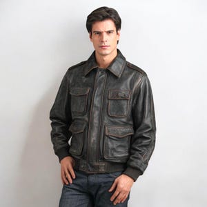 Vintage Men’s Distressed Grey Leather Bomber Jacket | Aviator Flight Pilot Jacket | Military Style Genuine Leather Outerwear Coat for Winter