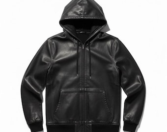 Men's Vintage Black Leather Hoodie Jacket | Men’s Real Leather Zip Up Bomber Jacket | Urban Streetwear Coat