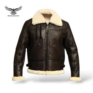 Men’s B3 Shearling Bomber Jacket – Vintage Brown Leather Aviator Flight Coat – Military Style Jacket with Fur Collar & Adjustable Belt