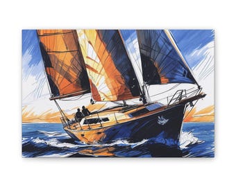 May include: A canvas print of a sailboat at sea. The boat is dark blue with orange and blue sails. Two figures are visible on the deck. The sky is blue with orange and yellow hues near the horizon, suggesting a sunrise or sunset.