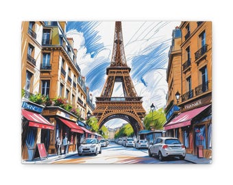 May include: Canvas art print of a Parisian street scene with the Eiffel Tower. The artwork shows buildings with red awnings, cars, and people. The sky is blue with white clouds. The word "FRANCE" is visible on a shop awning.
