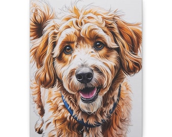 May include: A canvas print featuring a close-up of a golden-brown dog with a happy expression. The dog has a fluffy coat, brown eyes, and a blue collar. The dog's mouth is open, revealing a pink tongue.