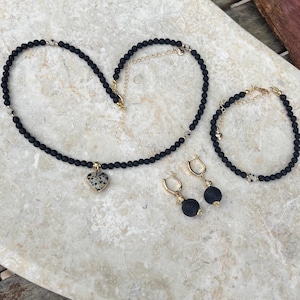 Lava Stone and Dalmatian Jasper Jewelry Set Necklace Bracelet Earrings