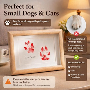 May include: A wooden framed pet paw print kit. The kit includes a white mat with two red paw prints and the text "Favorite Cute Pet". The frame is designed for small dogs, cats, rabbits, and other small pets.