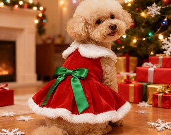 小型犬用クリスマスドレス 犬用クリスマスドレス、リボン付きレッドスノーフレーク衣装、小型犬用