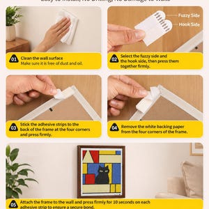 May include: Installation instructions for a framed artwork. Steps include cleaning the wall, applying adhesive strips to the frame, and attaching it to the wall. The artwork features a black cat and geometric shapes.