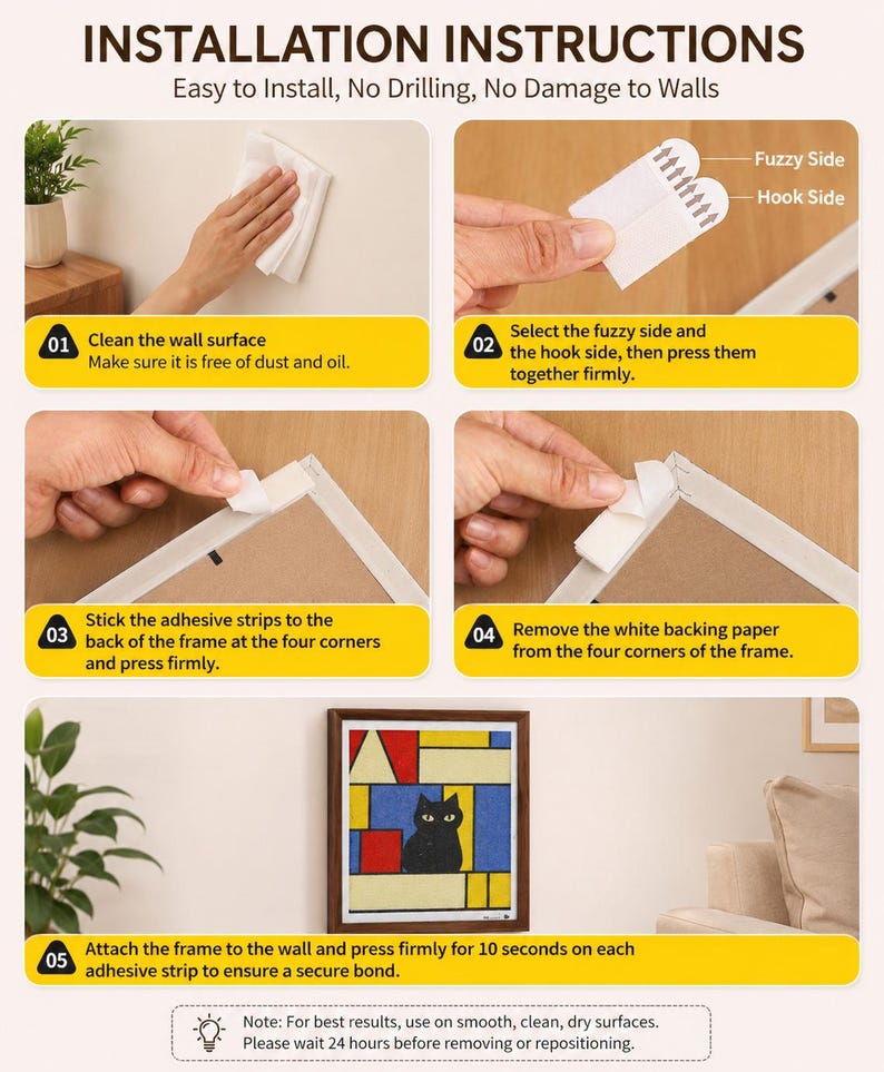 May include: Installation instructions for a framed artwork. Steps include cleaning the wall, applying adhesive strips to the frame, and attaching it to the wall. The artwork features a black cat and geometric shapes.