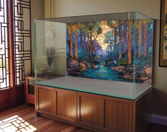 Gebrandschilderd glas Forest Stream Aquarium achtergrondsticker – Multifunctioneel tankdecor voor aquaria, reptielenkooien, schildpaddentanks en aquaria