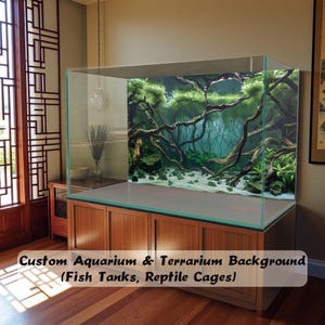 May include: A large rectangular glass aquarium tank featuring a custom background with a printed image of a dense forest with dark twisted branches, green foliage, and a sandy floor. The tank sits on a wooden cabinet with four cabinet doors.