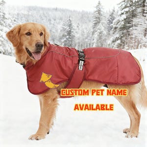 Può includere: Un golden retriever indossa un cappotto rosso per cani con un disegno a freccia gialla. Il cappotto ha una fibbia nera e il testo "CUSTOM PET NAME AVAILABLE" in arancione.