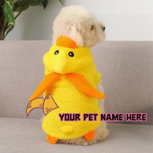 Könnte beinhalten: Ein kleiner Hund trägt ein hellgelbes Entenkostüm mit orangefarbenen Akzenten. Das Kostüm hat eine Kapuze, Flügel und Füße, mit dem Text "YOUR PET NAME HERE" in Pink.